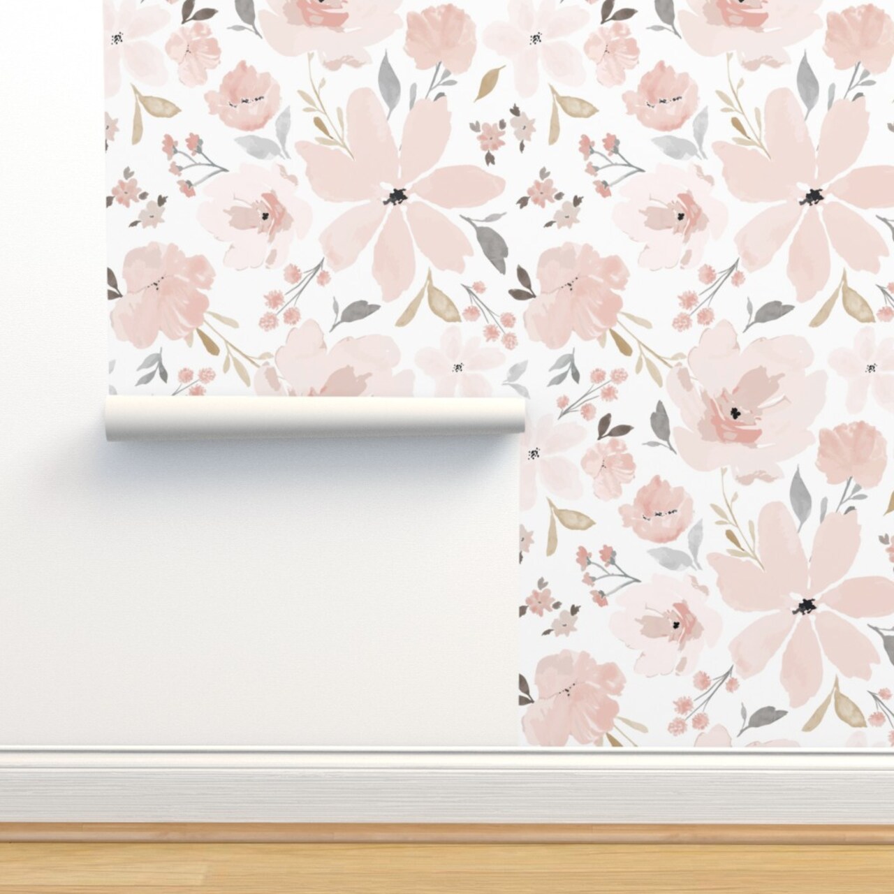 Pastel Floral Blush Pink Peach Flowers Jumbo Scale Feminine Watercolor Custom Removable Wallpaper by Spoonflower Peel & Stick Wallpaper 2FT Wide
